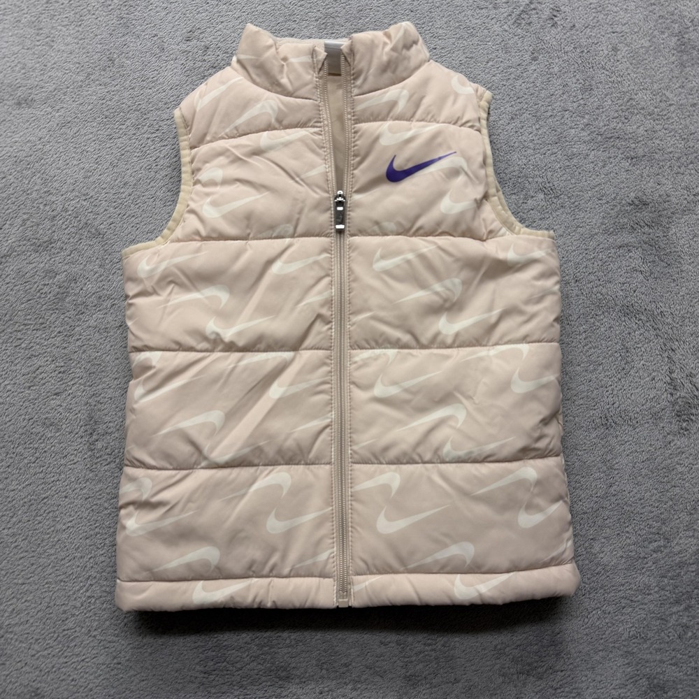 Nike Puffer Vest Girls 6X Beige Allover Swoosh Zip‎ Insulated Quilted 6-7 Years
